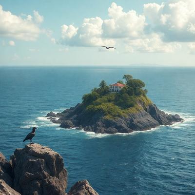The primary subject of the image is a bird perched on a rock near the ocean. The setting is a rocky island in the middle of the ocean, with a house on top of it. The visual style is a combination of photo and digital art, creating a realistic yet artistic representation of the scene. The dominant colors are blue and green, reflecting the ocean and the island's natural environment. The overall atmosphere is serene and peaceful, with the bird as the focal point of the image.